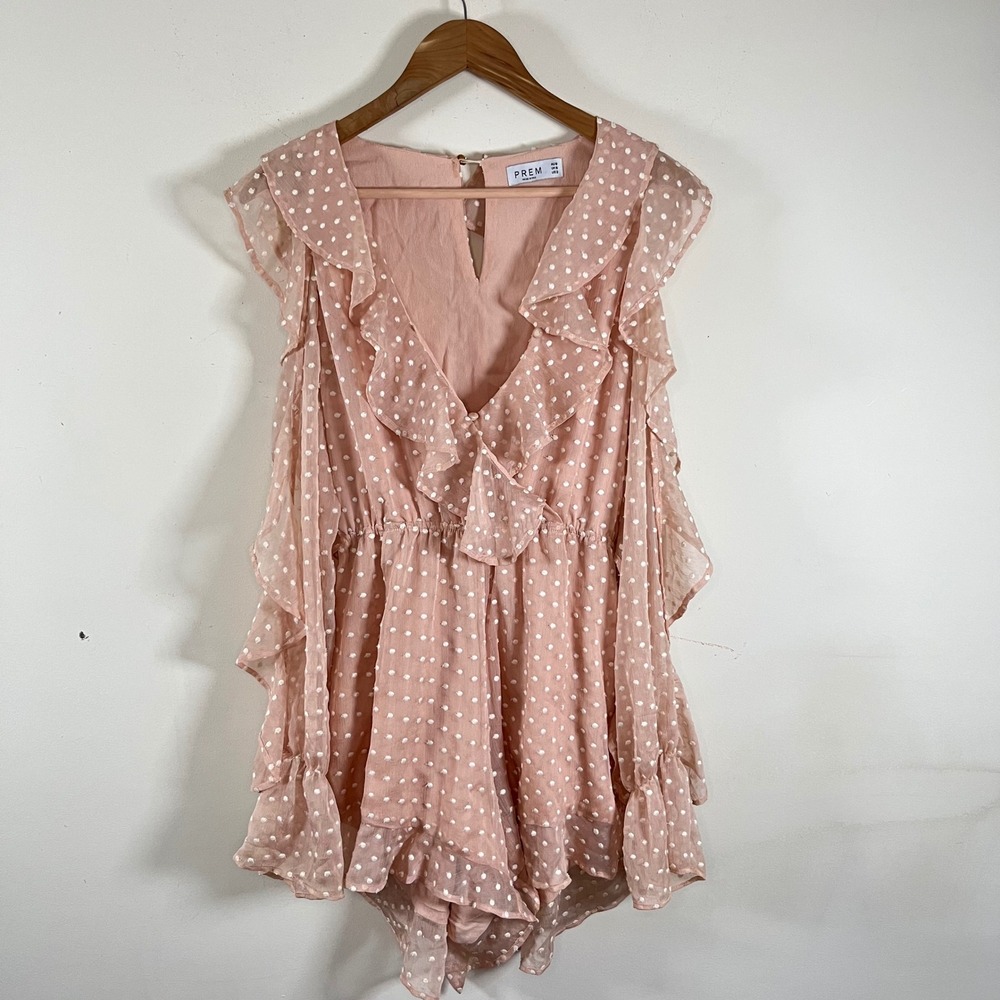 Blush Pink Polka Dot Ruffled Romper V-Neck Long Sleeve Coquette Size US 2